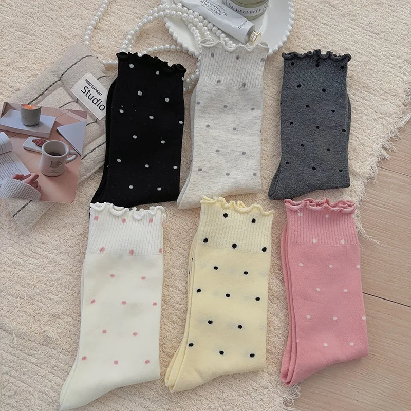 5/10 Pairs Women Wave Edged Polka Dot Mid Tube Socks Spring Summer Thin Sweat Absorbing Breathable Ballet Style Casual Socks thumbnail 6