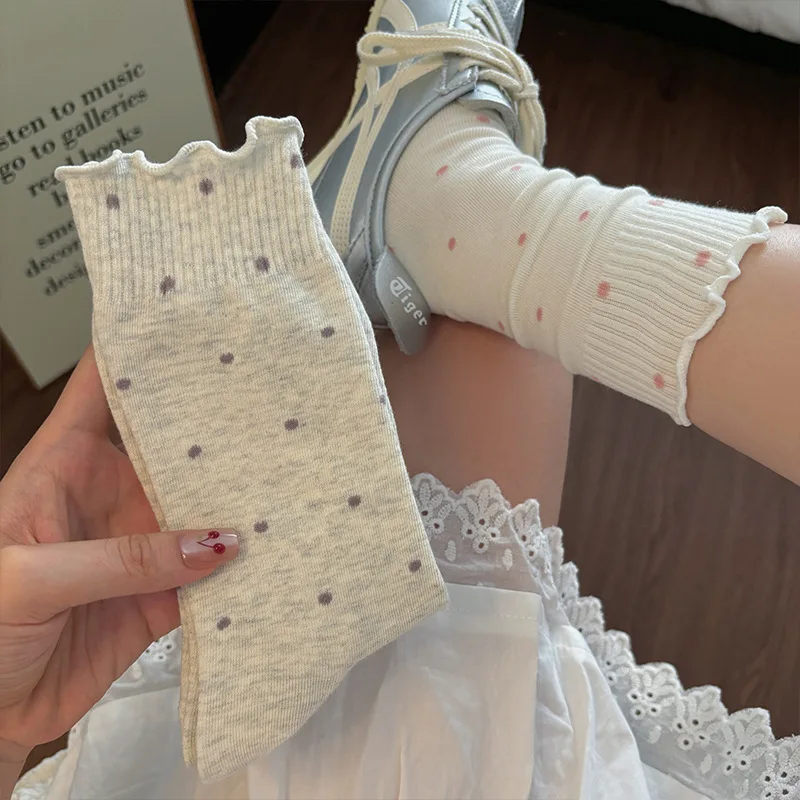 5/10 Pairs Women Wave Edged Polka Dot Mid Tube Socks Spring Summer Thin Sweat Absorbing Breathable Ballet Style Casual Socks thumbnail 3