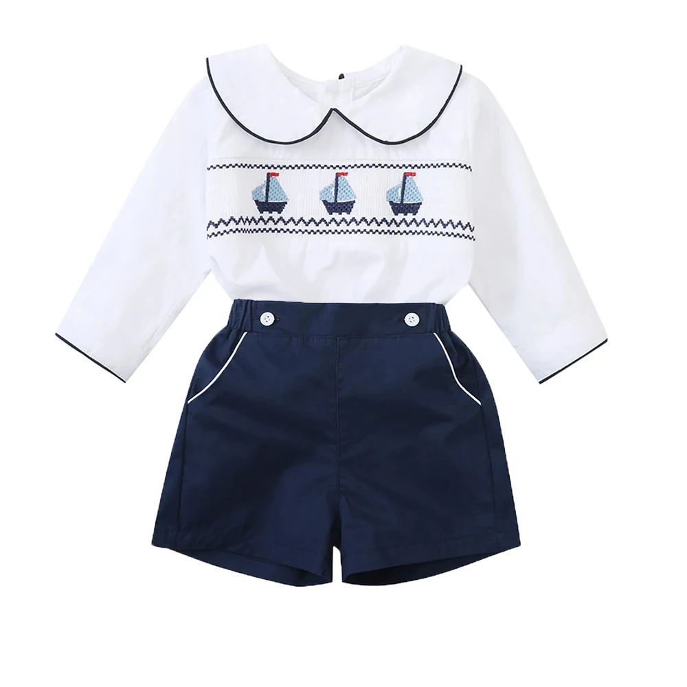 Baby Boy's 2 Pieces Summer Boutique Clothing Set Smocking Boat Design for Infant Daily Dress Toddler School Uniform Cotton Suit thumbnail 2