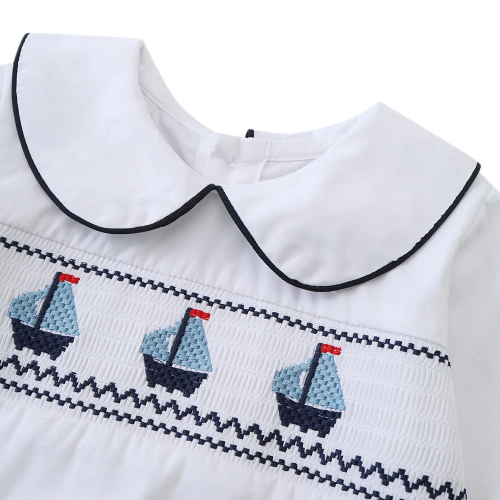 Baby Boy's 2 Pieces Summer Boutique Clothing Set Smocking Boat Design for Infant Daily Dress Toddler School Uniform Cotton Suit thumbnail 3