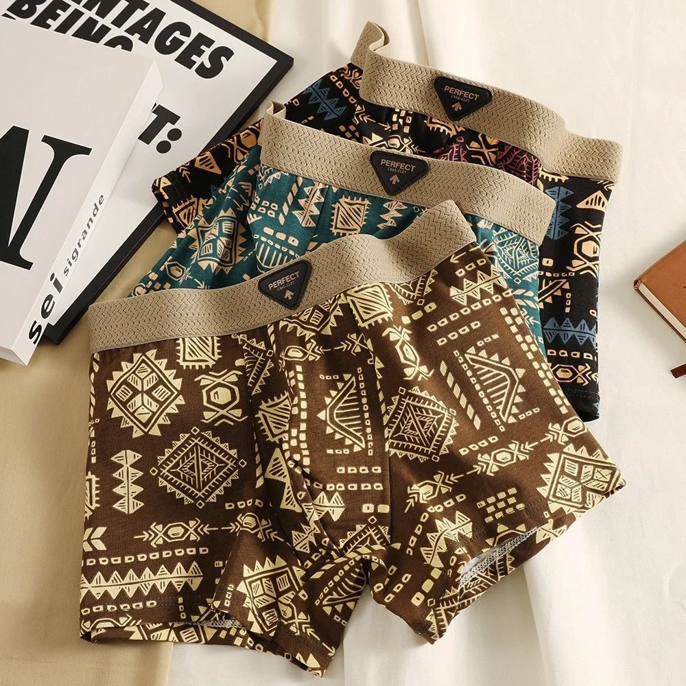 Retro Ethnic Style Men's Boxer Comfortable Briefs Vintage Print Elastic Underwear for Man Lingerie Mid Waist Shorts Underpants thumbnail 2