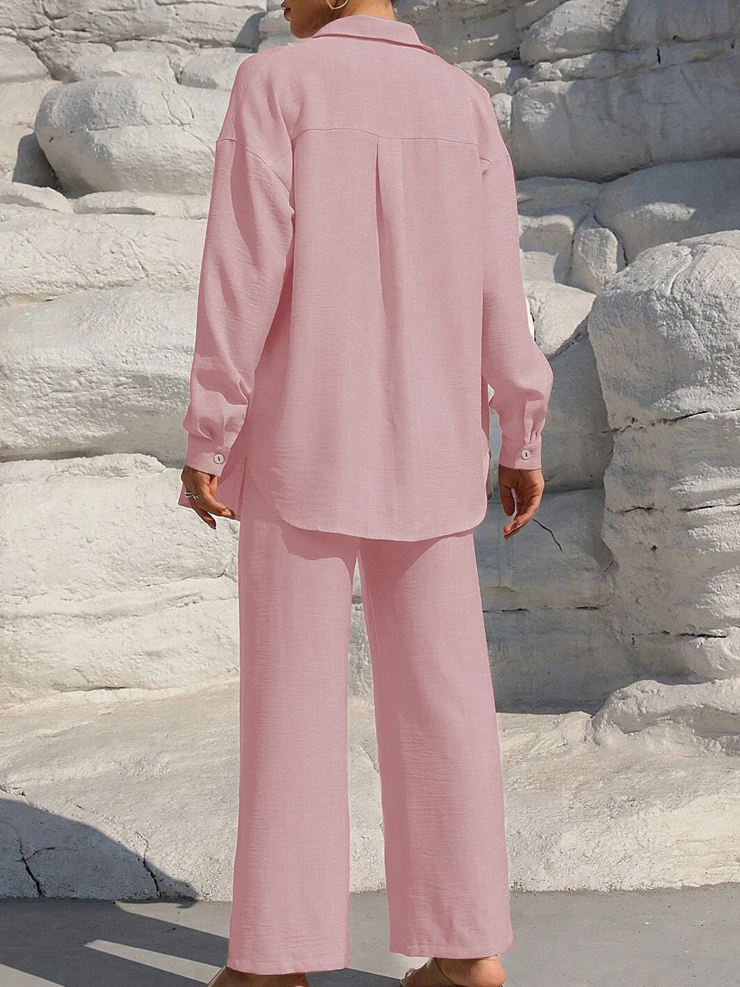 Women's Solid Button Front Shirt & Tie Front Wide Leg Pants Two-piece Set, Casual Drop Shoulder Long Sleeve Blouse Top & Trouser thumbnail 2