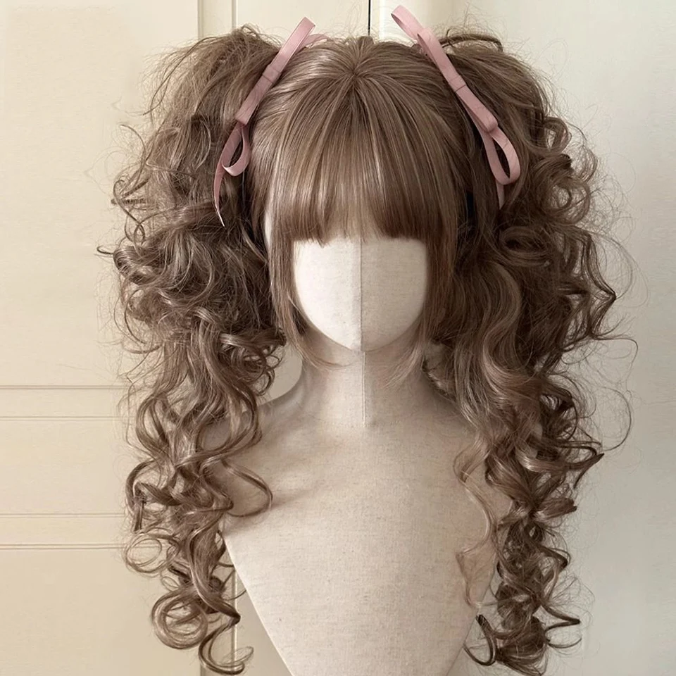 Synthetic Princess Cut Double ponytail Lolita Wig with Bangs Girl Ombre Blonde brown White gray Cosplay Halloween Harajuku wig thumbnail 3