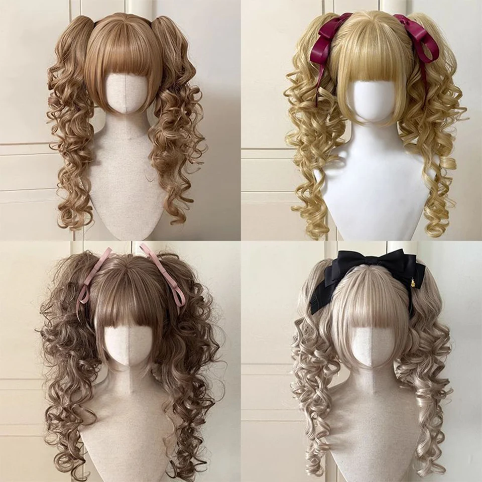 Synthetic Princess Cut Double ponytail Lolita Wig with Bangs Girl Ombre Blonde brown White gray Cosplay Halloween Harajuku wig thumbnail 5