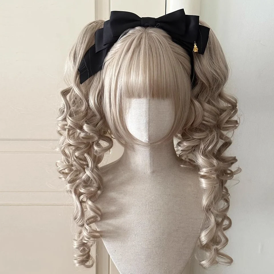 Synthetic Princess Cut Double ponytail Lolita Wig with Bangs Girl Ombre Blonde brown White gray Cosplay Halloween Harajuku wig thumbnail 4