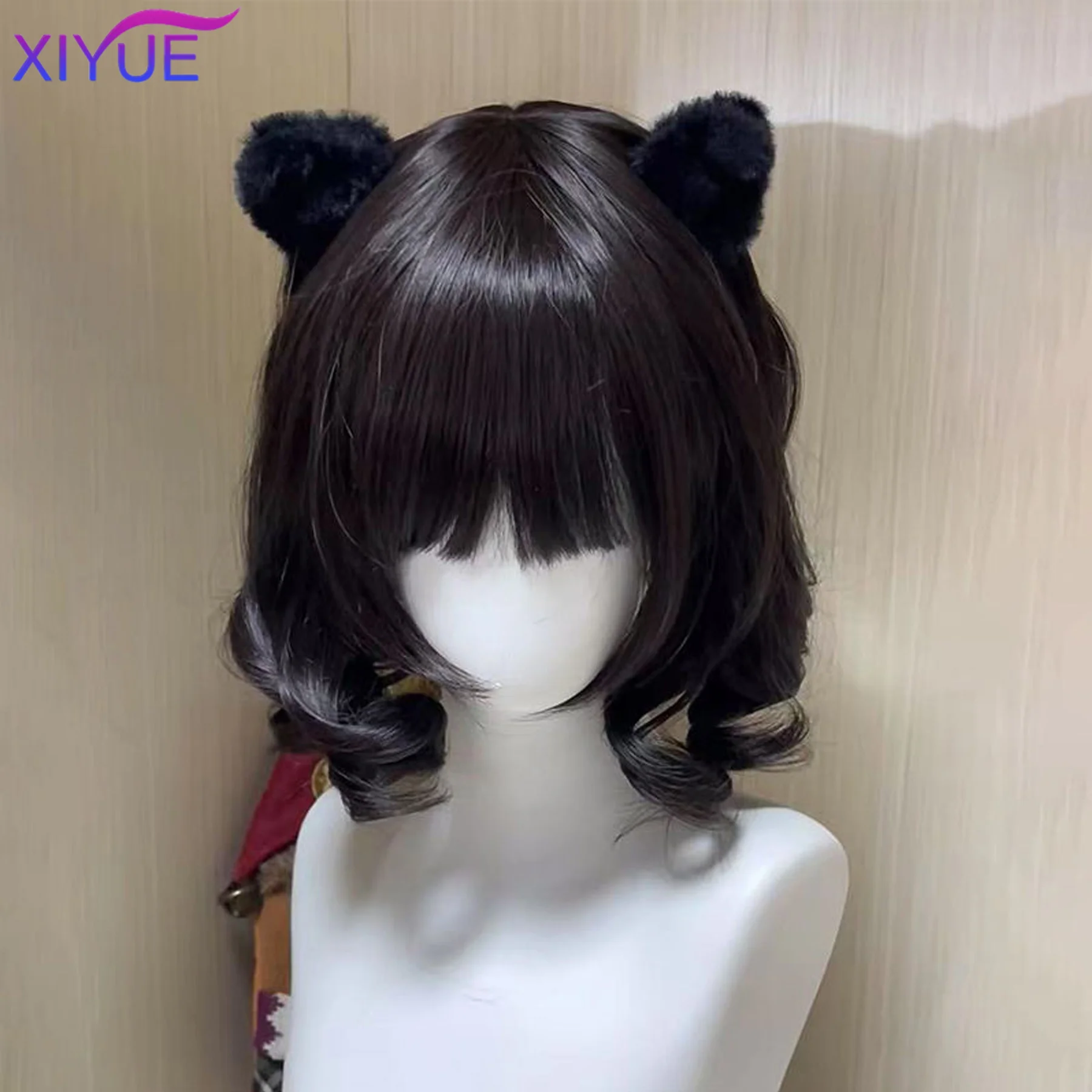 short Curly Twin Ponytails Synthetic Wig Bangs Cosplay Lolita Party Chic Girls Princess Brown Black Short Heat Resistant Hair thumbnail 2