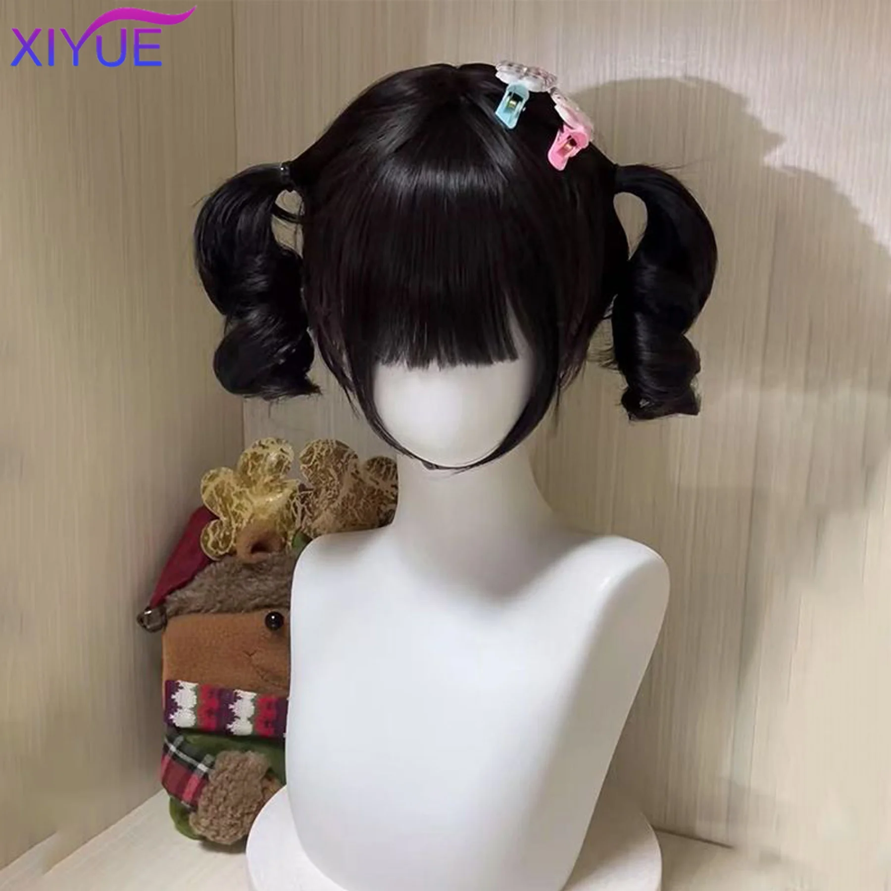 short Curly Twin Ponytails Synthetic Wig Bangs Cosplay Lolita Party Chic Girls Princess Brown Black Short Heat Resistant Hair thumbnail 4