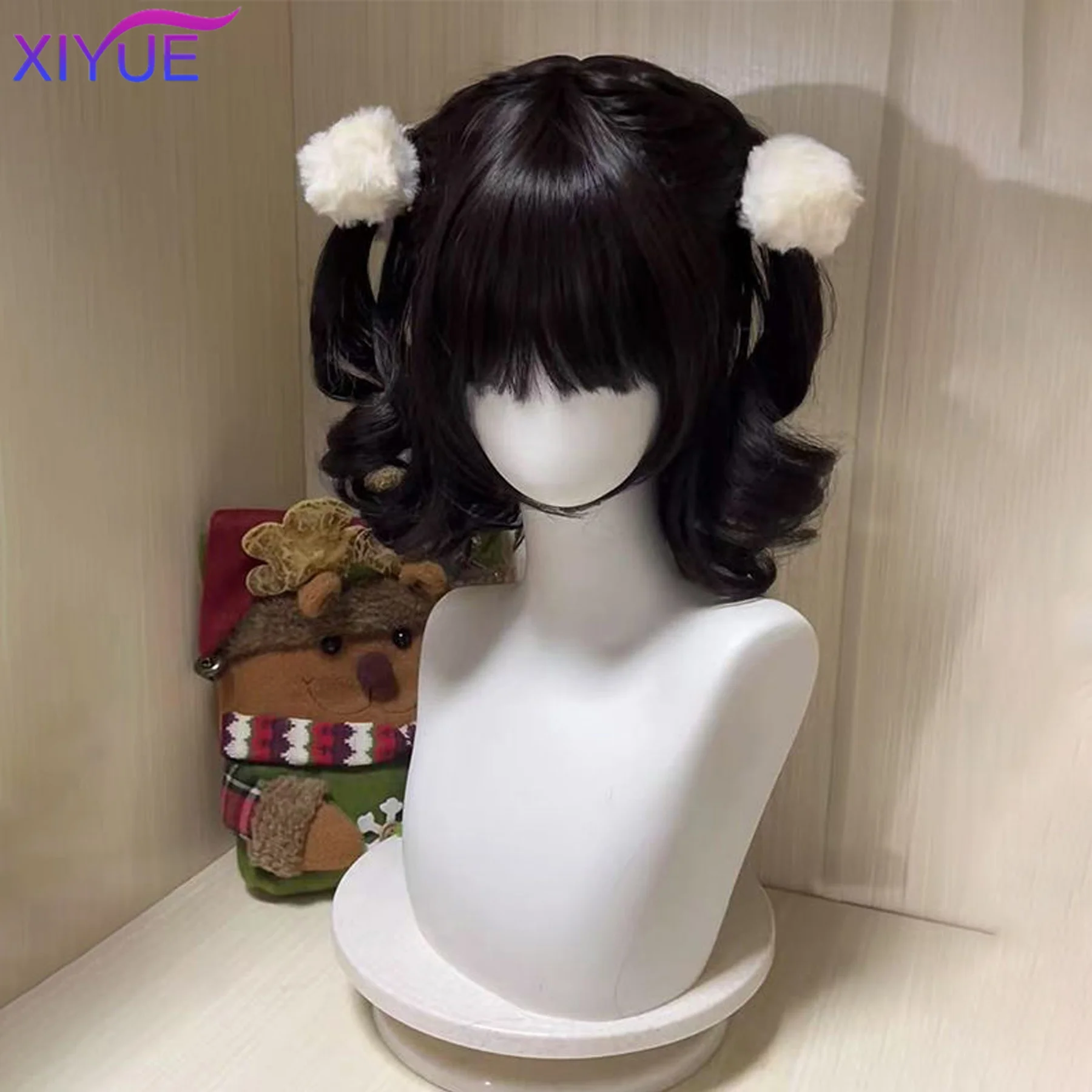 short Curly Twin Ponytails Synthetic Wig Bangs Cosplay Lolita Party Chic Girls Princess Brown Black Short Heat Resistant Hair thumbnail 3