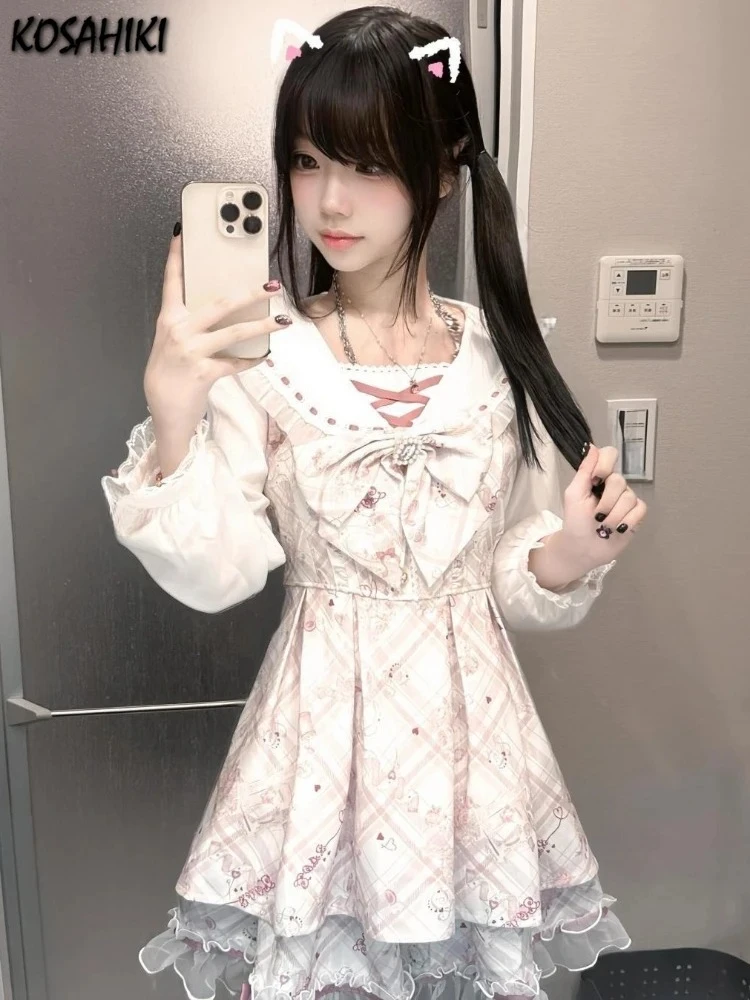 Japanese Y2k Dress Women Sweet Print Bow Vestidos Fake Two Pieces Lace Patchwork Fairy Dress 2026 Kawaii Grunge Vintage Dresses
