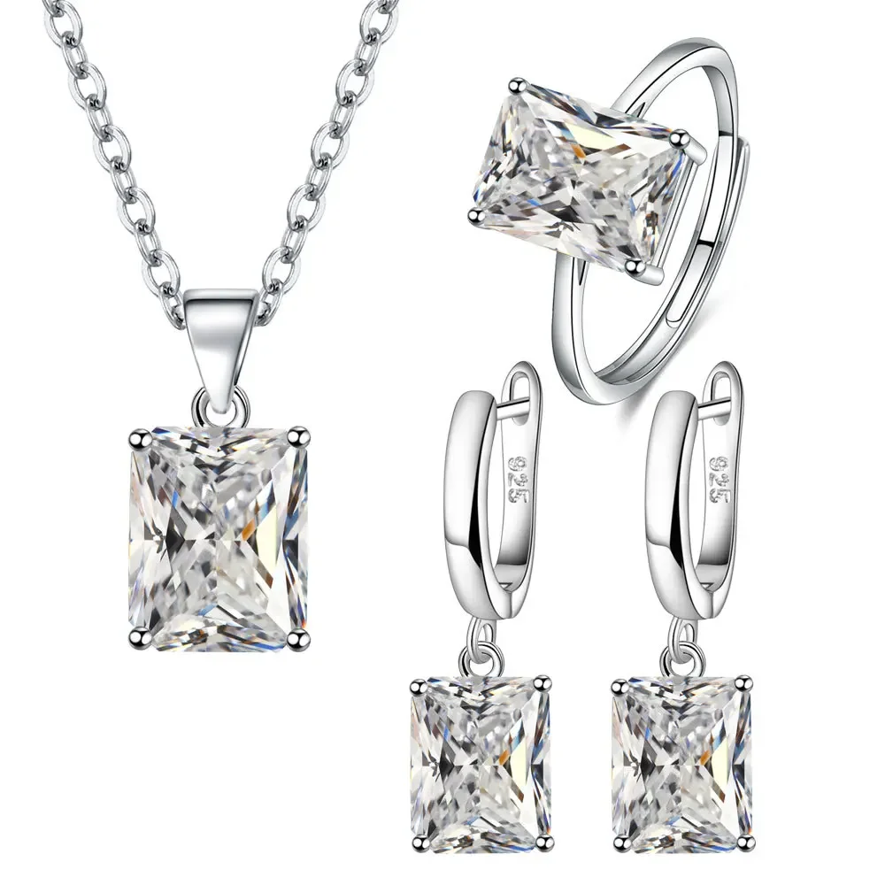 925 Sterling Silver  Elegant Jewelry Sets Ring Earrings Necklace For Women Rectangle Geometry Zircon Wedding Accessories thumbnail 2