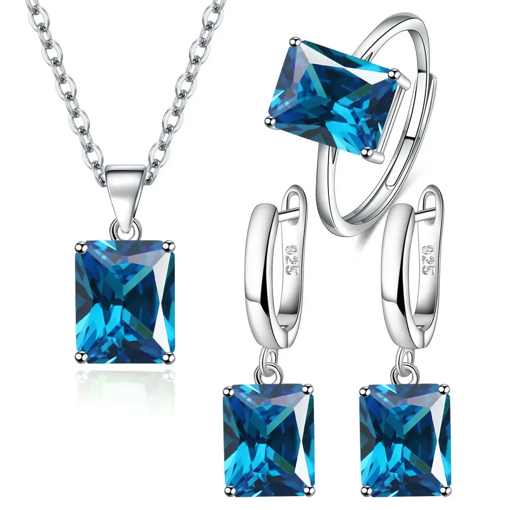 925 Sterling Silver  Elegant Jewelry Sets Ring Earrings Necklace For Women Rectangle Geometry Zircon Wedding Accessories thumbnail 3