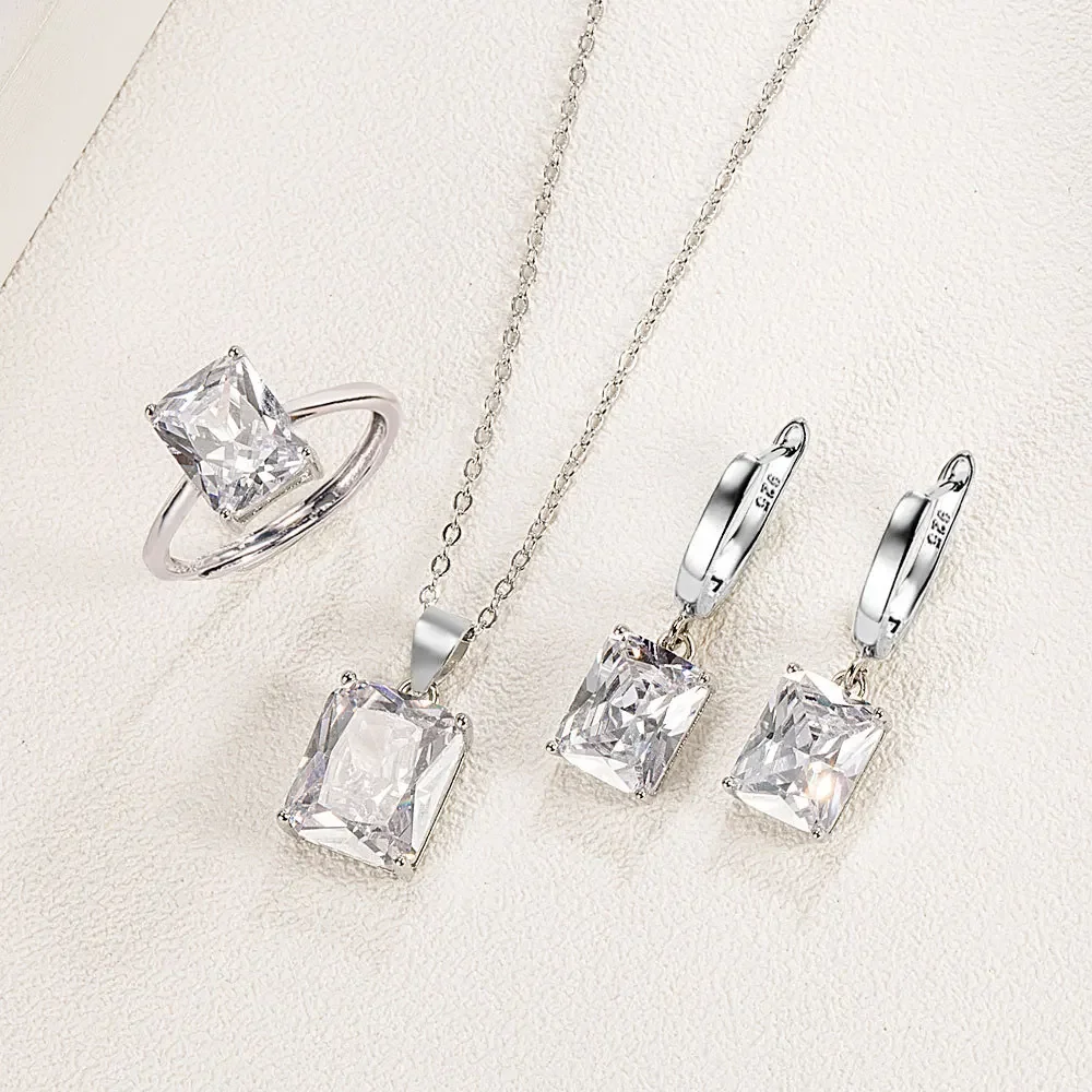 925 Sterling Silver  Elegant Jewelry Sets Ring Earrings Necklace For Women Rectangle Geometry Zircon Wedding Accessories thumbnail 5