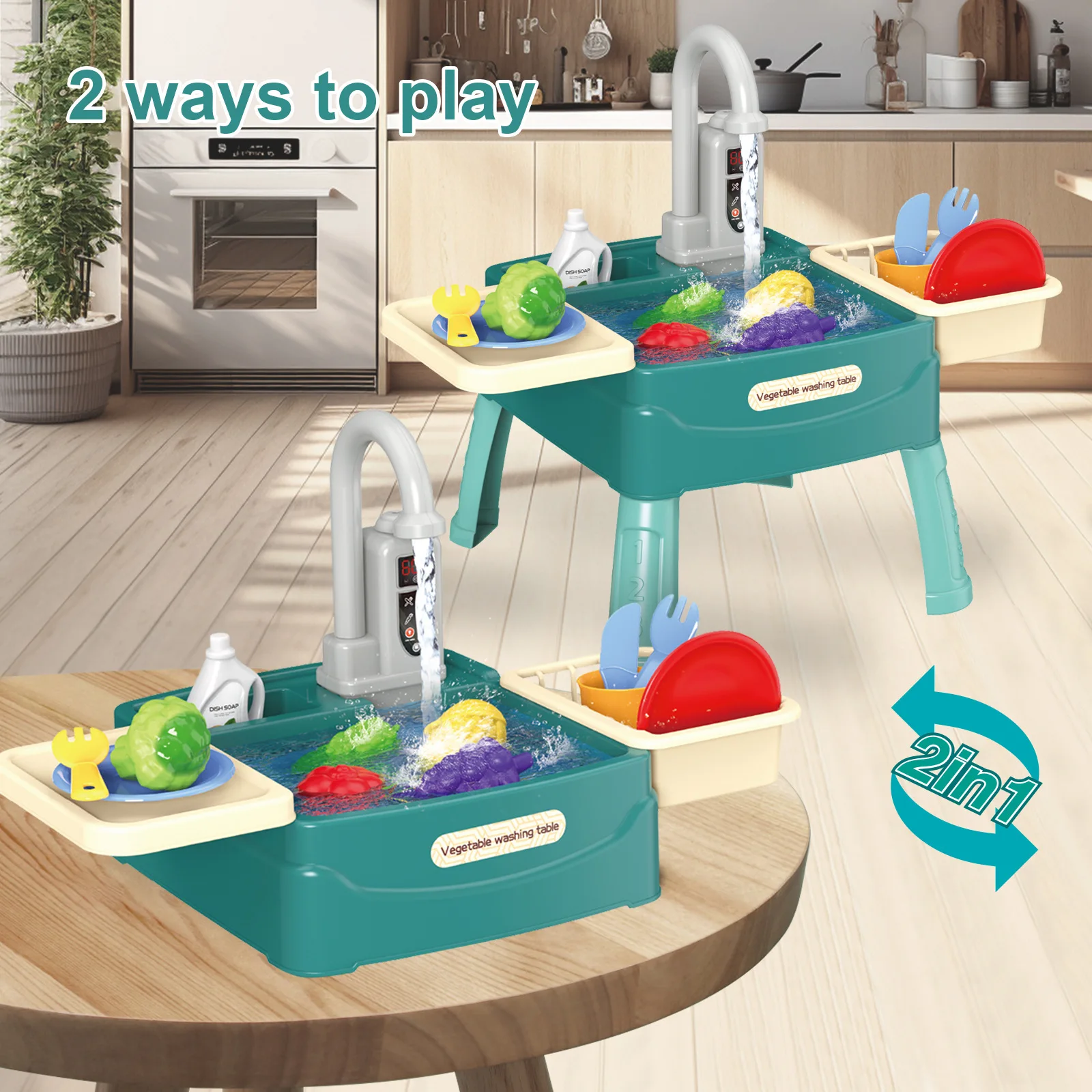 Play Sink with Running Water Kitchen Sink Toys with Electric Faucet Water Table Floating Pool Dishwasher Set for Toddler Girl thumbnail 2