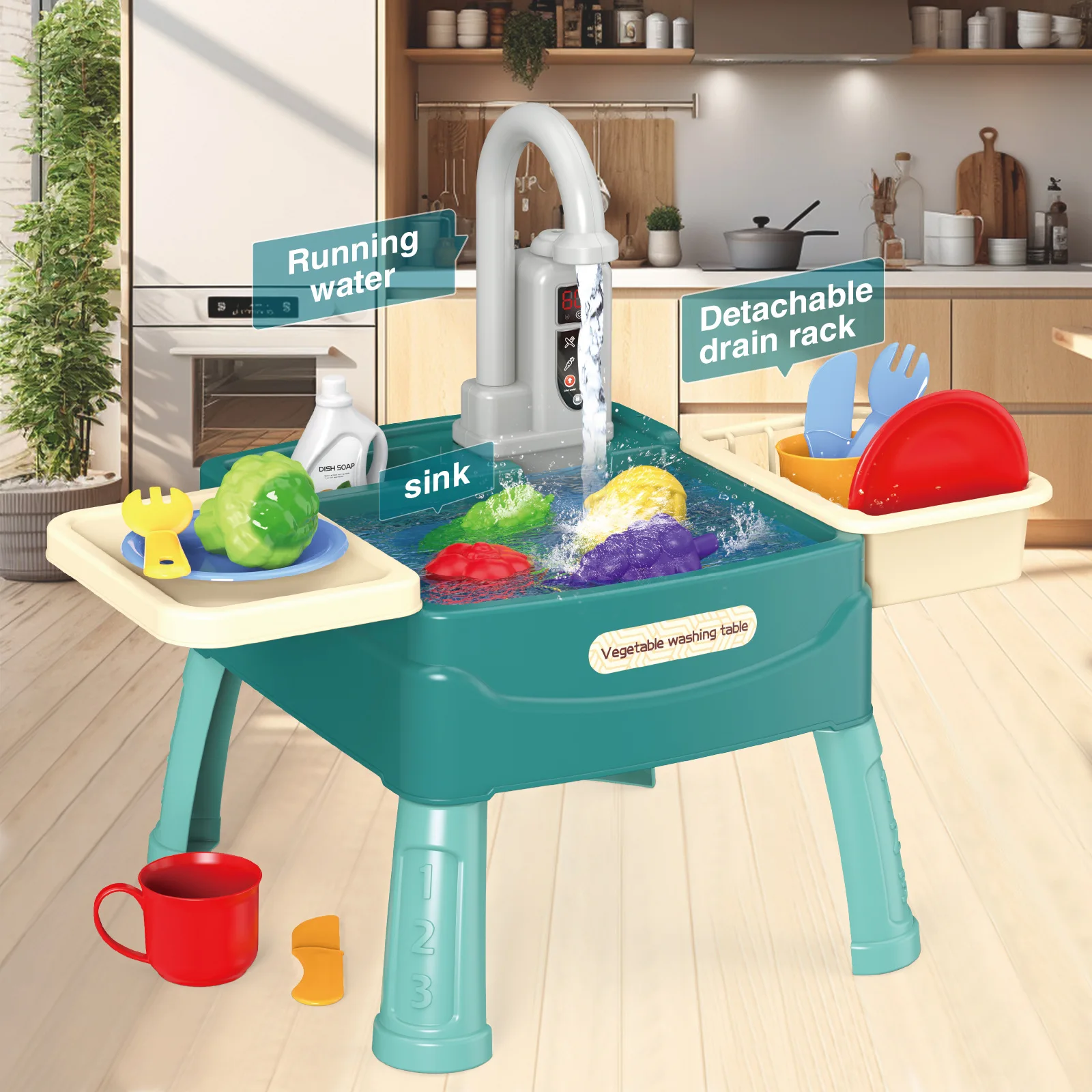 Play Sink with Running Water Kitchen Sink Toys with Electric Faucet Water Table Floating Pool Dishwasher Set for Toddler Girl thumbnail 4