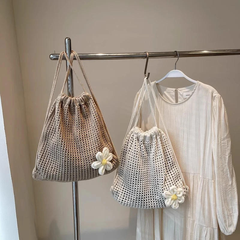 Fashion Backpack Women Hollow Woven Flower Shoulder Bags Large Capacity Crochet Bag Knitting Handbags Female Shopping Tote thumbnail 4