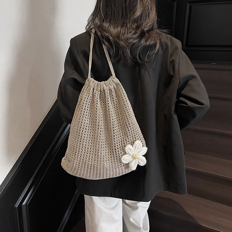 Fashion Backpack Women Hollow Woven Flower Shoulder Bags Large Capacity Crochet Bag Knitting Handbags Female Shopping Tote thumbnail 2