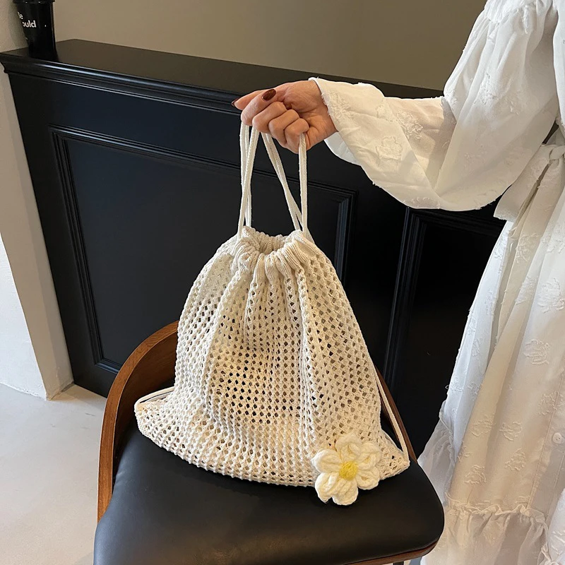 Fashion Backpack Women Hollow Woven Flower Shoulder Bags Large Capacity Crochet Bag Knitting Handbags Female Shopping Tote thumbnail 3