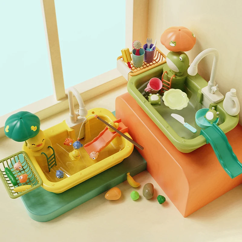 Kids Kitchen Sink Toys Electric Dishwasher Playing Toy With Running Water Pretend Play Food Fishing Toy Role Playing Girls Gift thumbnail 2