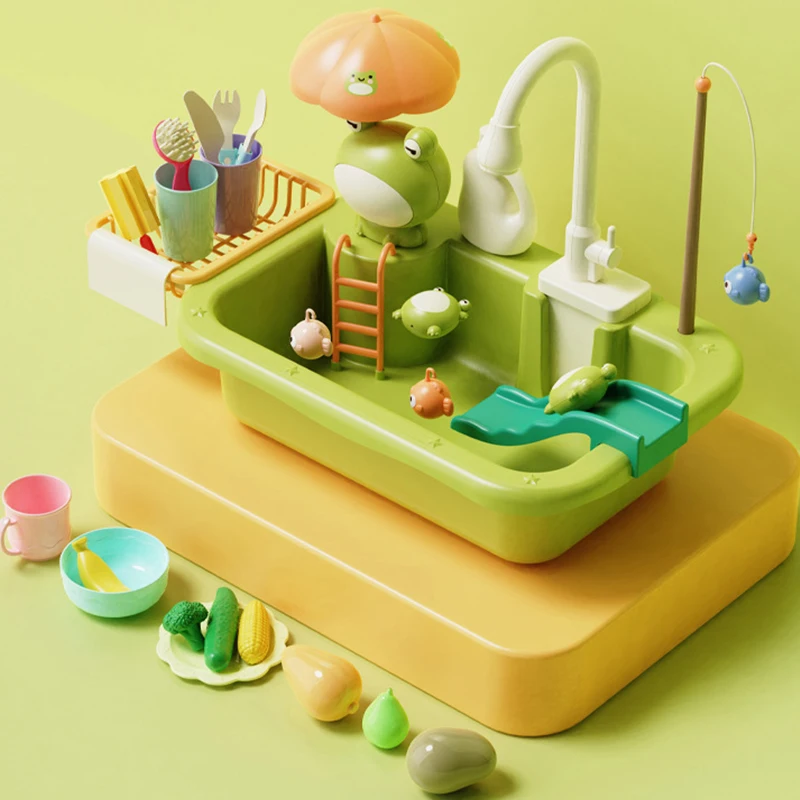 Kids Kitchen Sink Toys Electric Dishwasher Playing Toy With Running Water Pretend Play Food Fishing Toy Role Playing Girls Gift thumbnail 5