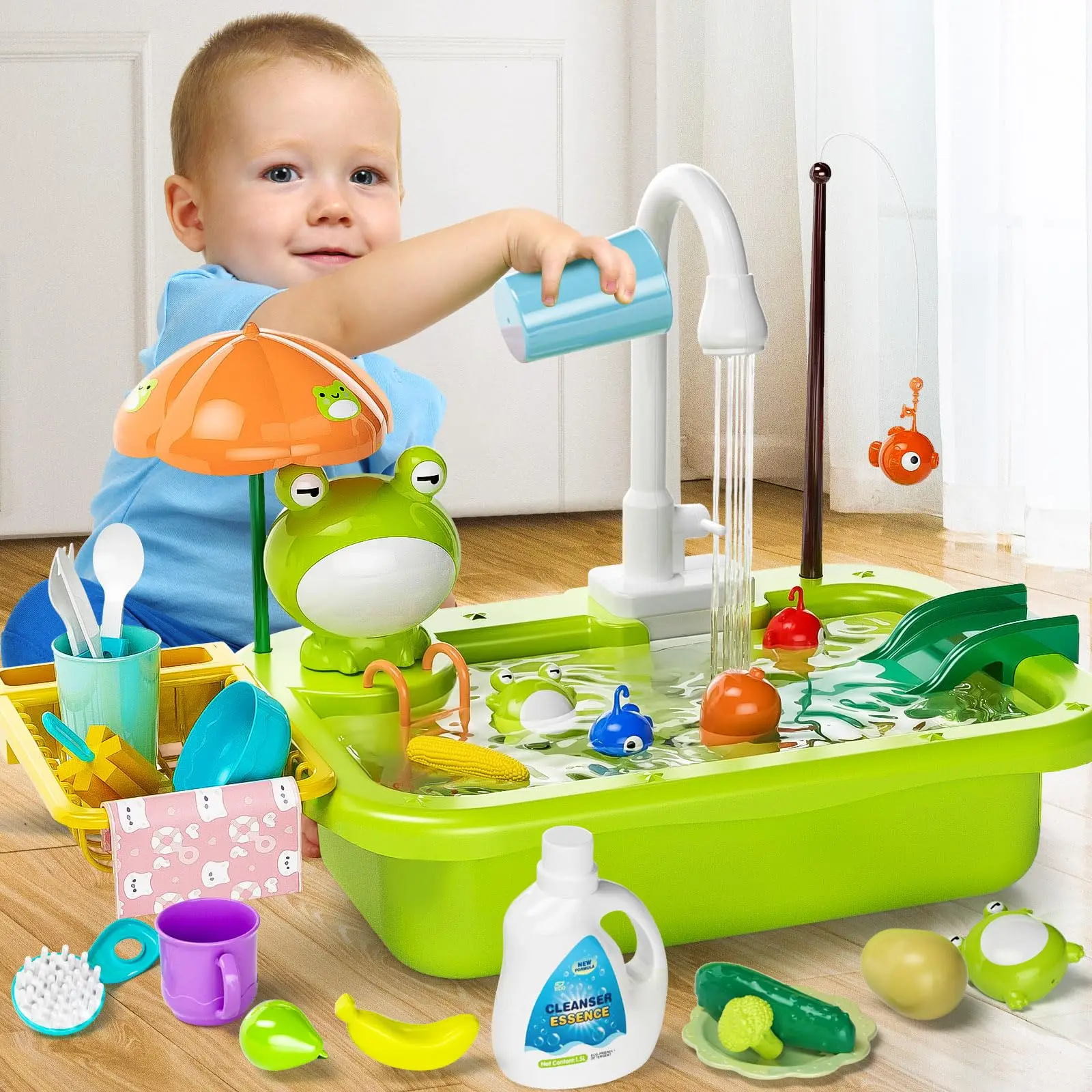Kids Kitchen Sink Toys Electric Dishwasher Playing Toy With Running Water Pretend Play Food Fishing Toy Role Playing Girls Gift thumbnail 3