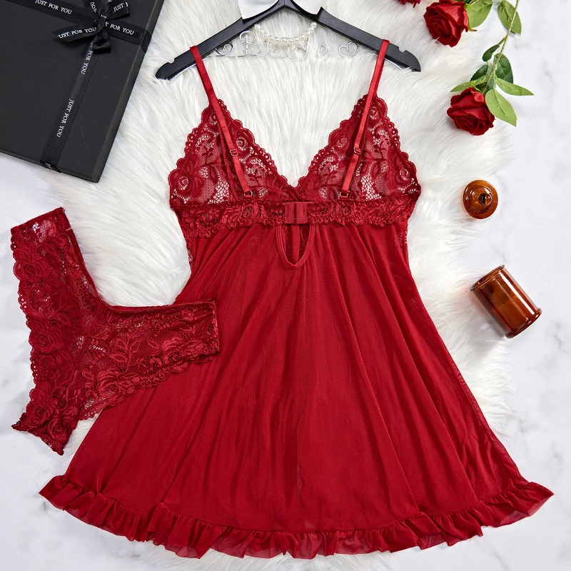 2 Pieces Women's Sleepshirts Lace Lingerie Set Semi-transparent V-Neck Thong Underwear for Women Exquisite Tulle Nightgown Set thumbnail 6