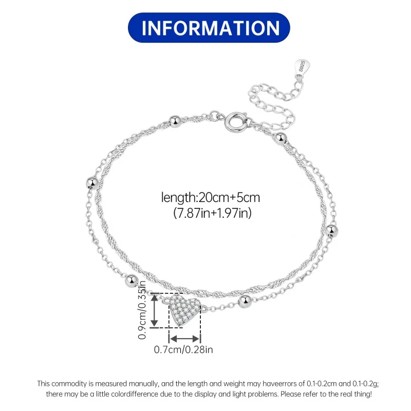 MISEFF 925 Sterling Silver Shine Double Layer Chain Anklet Shiny Starlight Heart Zircon Leg Bracelets Jewelry Accessories Gifts thumbnail 3