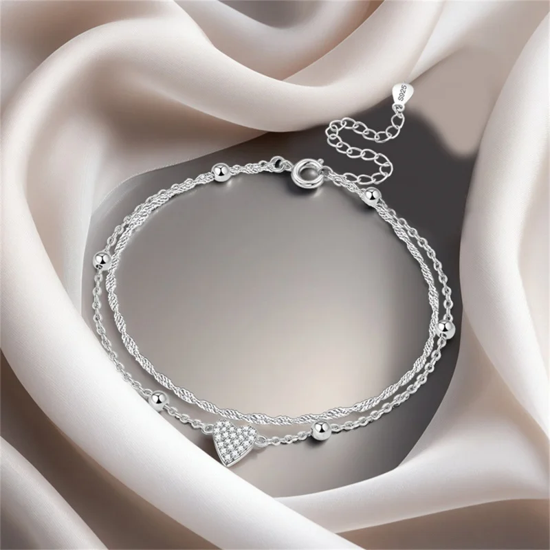 MISEFF 925 Sterling Silver Shine Double Layer Chain Anklet Shiny Starlight Heart Zircon Leg Bracelets Jewelry Accessories Gifts thumbnail 5