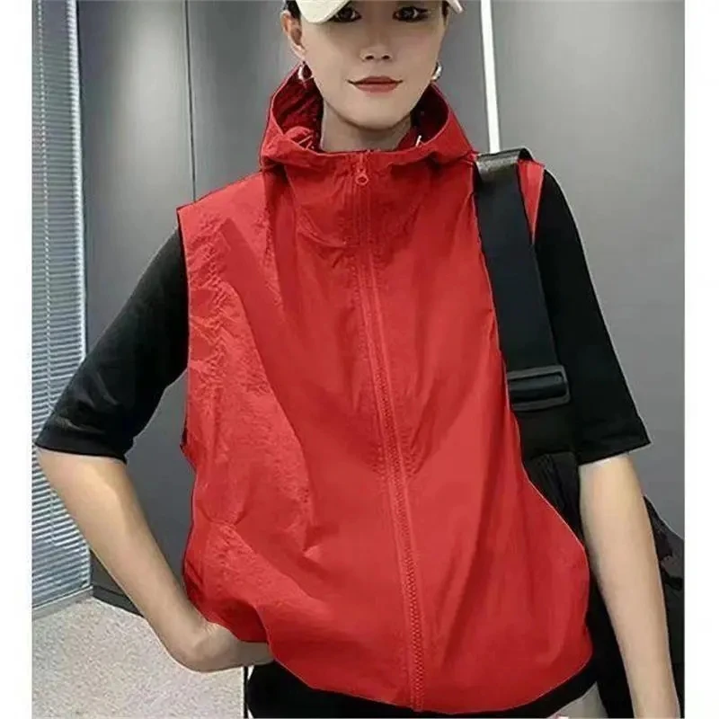 Summer Hooded Sleeveless Breathable Jacket Vest 2025 Women's Loose Sports Vest Jacket Zipper Sun Protection Casual Cardigan Top thumbnail 4