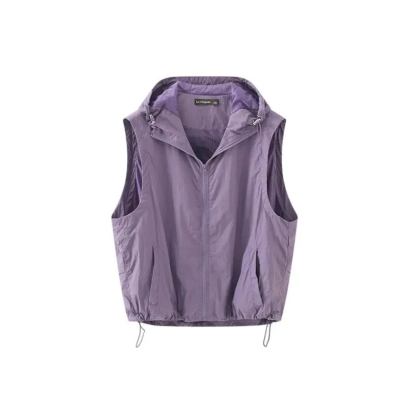 Summer Hooded Sleeveless Breathable Jacket Vest 2025 Women's Loose Sports Vest Jacket Zipper Sun Protection Casual Cardigan Top thumbnail 5