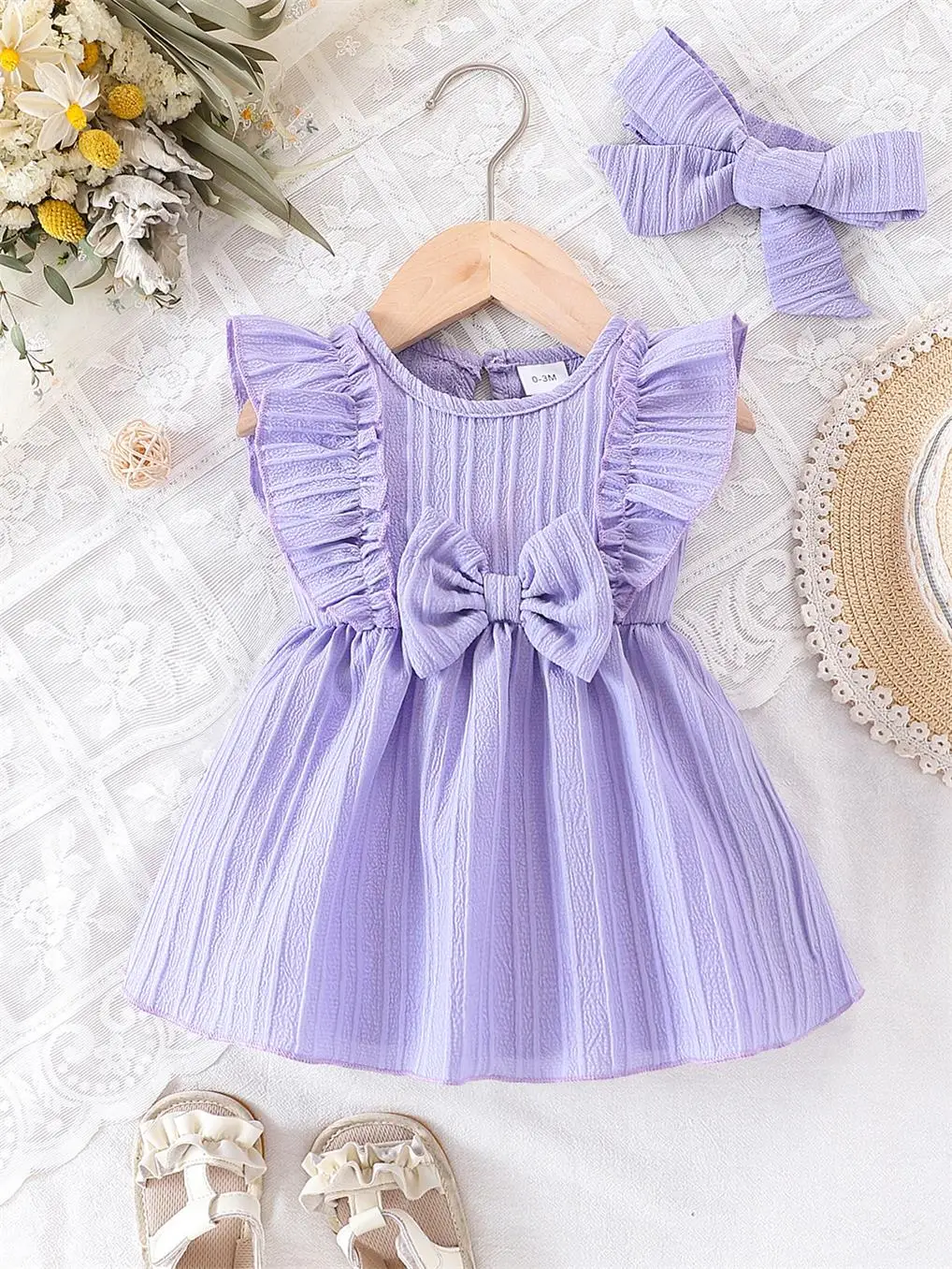 0-24 Months Cute Baby Girl Summer Dress Purple Ruffle Bow Princess Skirt+Headband 2Pcs Baby Clothing
