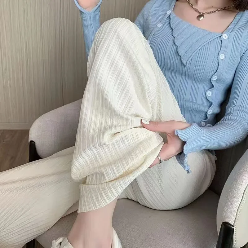 2025 Spring Summer Ice Silk Wide Leg Pants for Women Korean Thin Chiffon High Waist Saggy Loose Straight Casual Fashion Trousers