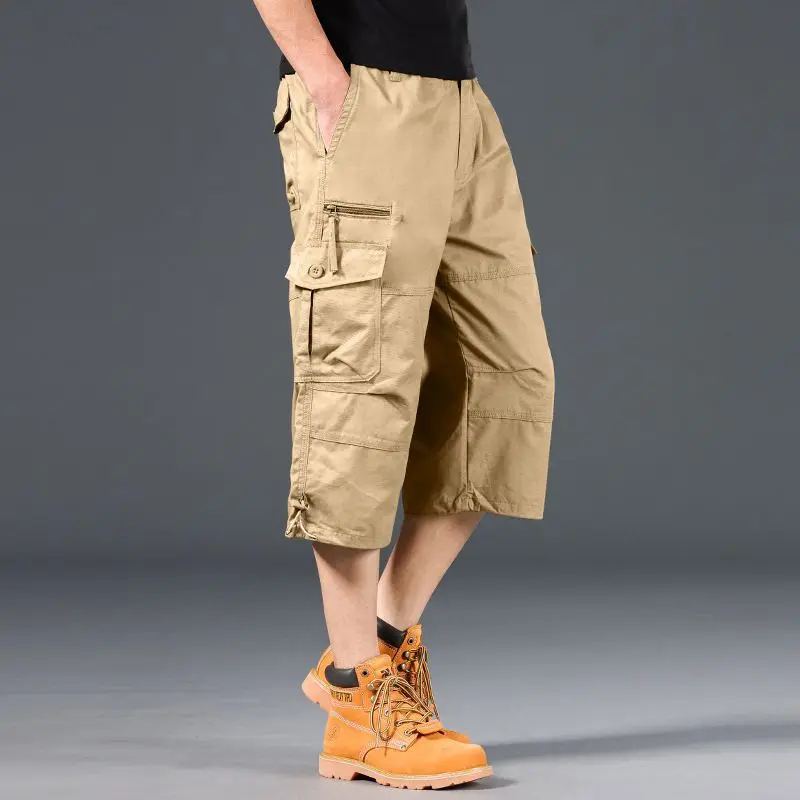 Summer outdoor multi pocket workwear shorts for men, plus fat plus plus size casual cropped pants, pure cotton sports mid length