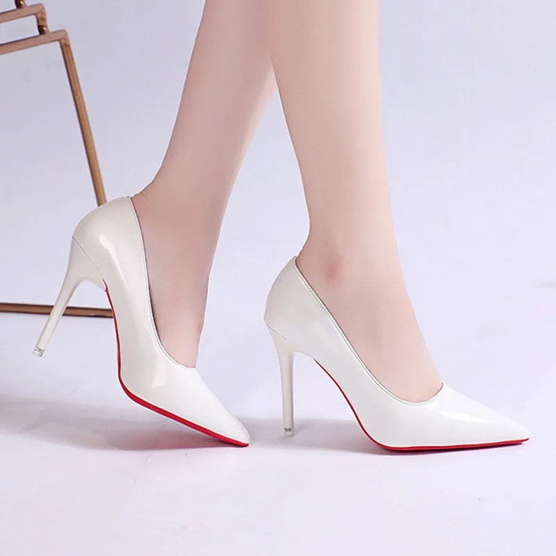 White Nude Pointed Toe Patent Leather High Heels Sexy Red Sole Party Prom Girl Pumps Minimalist Shallow Mouth Work Single Shoes thumbnail 3