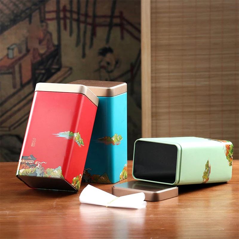 Tea Tin Square Tin Portable Metal Tin Tea Box Storage Portable Chinese Iron Box Tea Sealed Pot Living Room Coffee Table Tea Set thumbnail 5