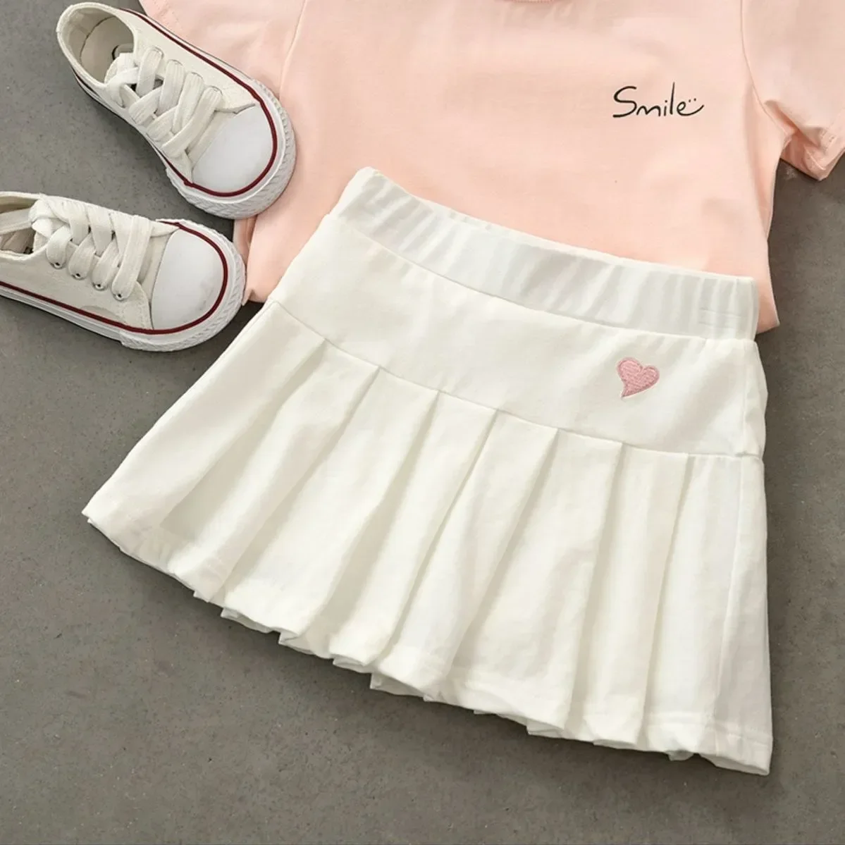 JK Skirt Shorts Children Miniskirt Summer Girls Candy Color Embroidered Heart Design  Simple Pleated Skirt Safety Pants Design thumbnail 3