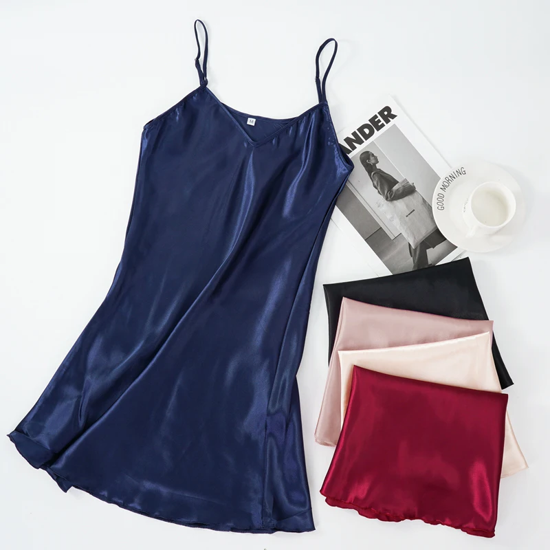 Women's Sexy Silk Satin Night Dress Sleeveless Nighties V-neck Nightgown Nightdress Plus Size Sleepwear Nightwear thumbnail 3