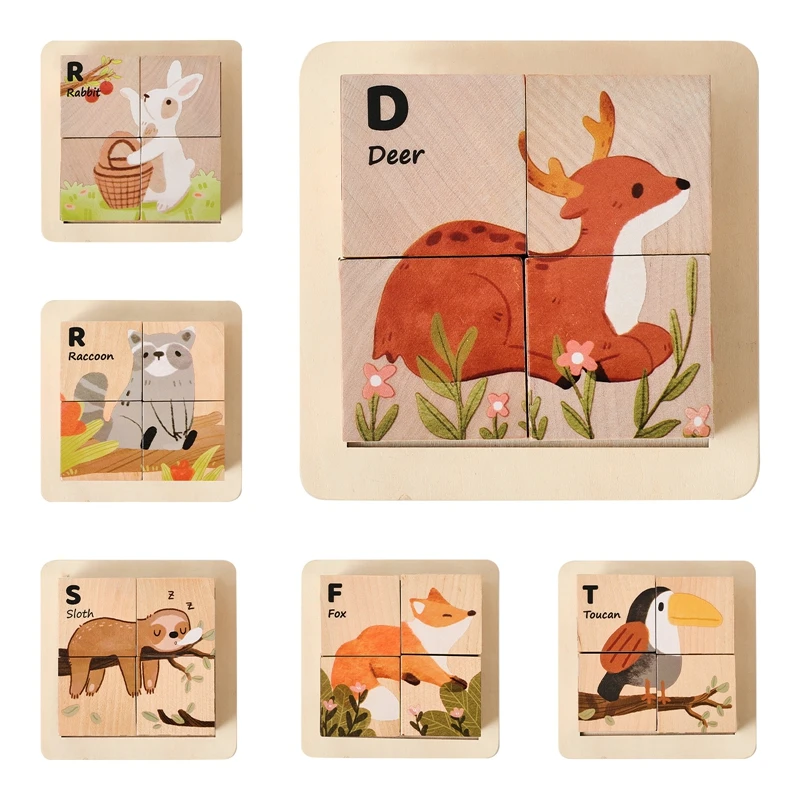 Baby Wooden Blocks Toy Children Six Side Cube Jigsaw Puzzles Game Animal Traffic Cognize Early Learning Educational Toy Kid Gift