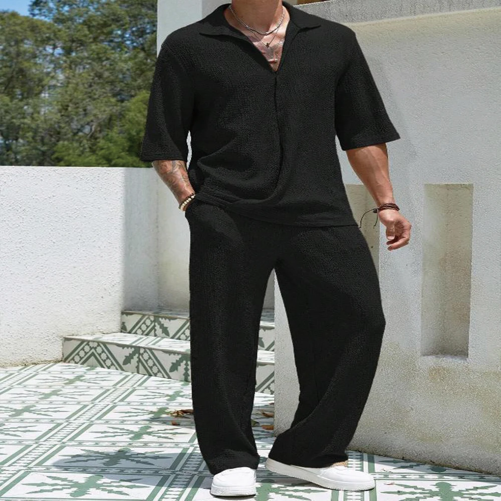 New Spring summer Men's retro casual suit collar solid color half-sleeved shirt loose drawstring pants Two-piece beach Suit thumbnail 2