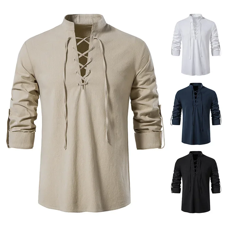 Medieval Style Men's Long Sleeve Cotton Linen Henry Shirt Casual Beachwear Stand Collar Drawstring Top Summer Fashion thumbnail 2