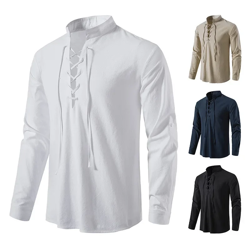 Medieval Style Men's Long Sleeve Cotton Linen Henry Shirt Casual Beachwear Stand Collar Drawstring Top Summer Fashion thumbnail 3