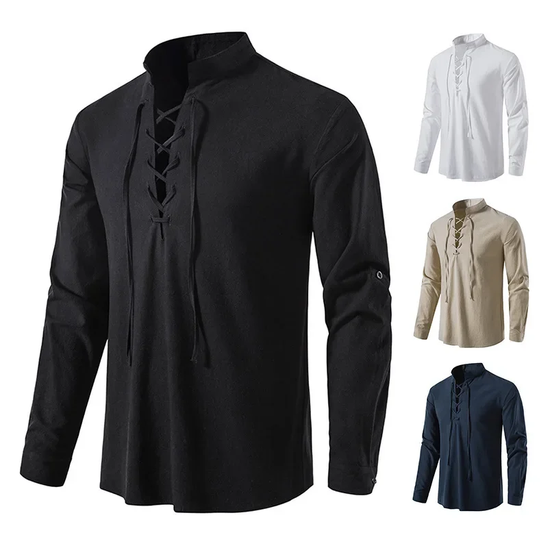 Medieval Style Men's Long Sleeve Cotton Linen Henry Shirt Casual Beachwear Stand Collar Drawstring Top Summer Fashion thumbnail 5