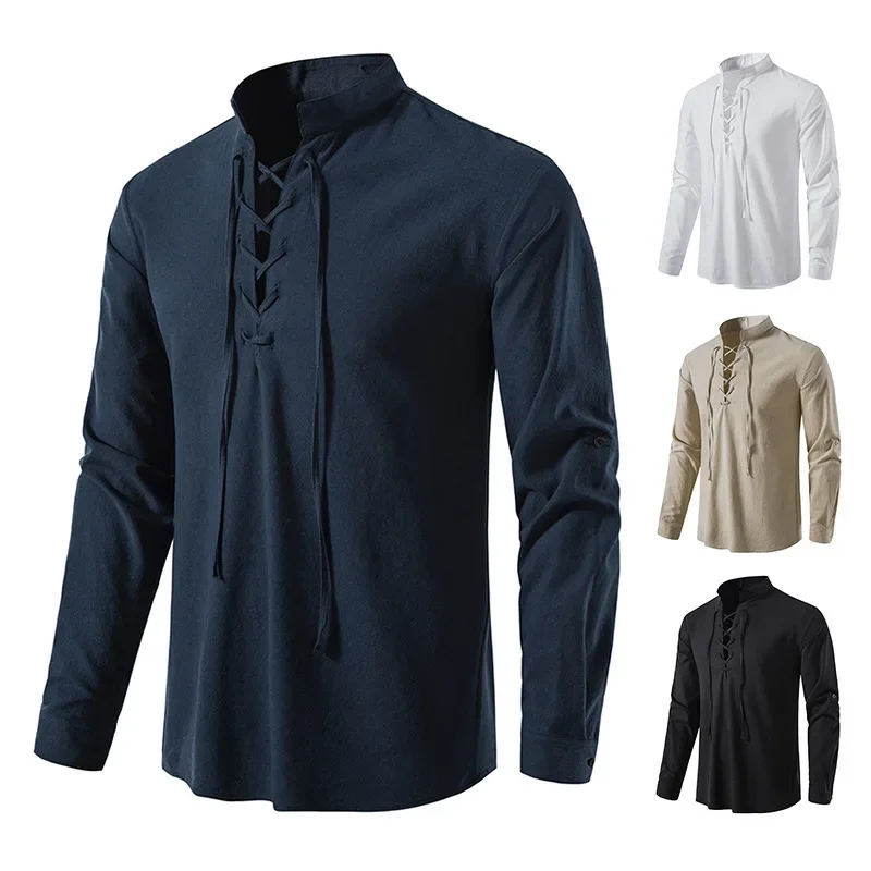 Medieval Style Men's Long Sleeve Cotton Linen Henry Shirt Casual Beachwear Stand Collar Drawstring Top Summer Fashion thumbnail 4