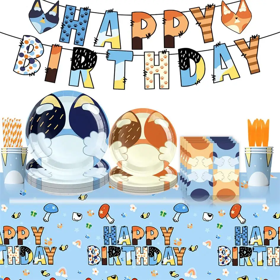 New Cartoon Dogs Birthday Party Decoration Full Set Kit Blue Dog Happy Birthday Plates Napkins Cups Tableware Supplies Kid Favor thumbnail 2