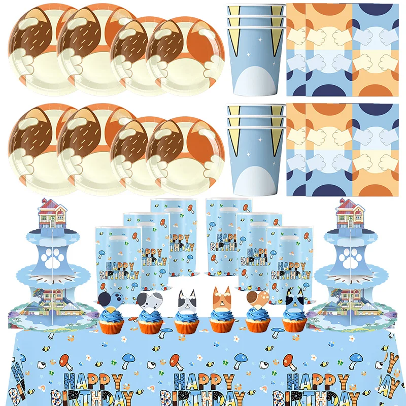 New Cartoon Dogs Birthday Party Decoration Full Set Kit Blue Dog Happy Birthday Plates Napkins Cups Tableware Supplies Kid Favor thumbnail 4