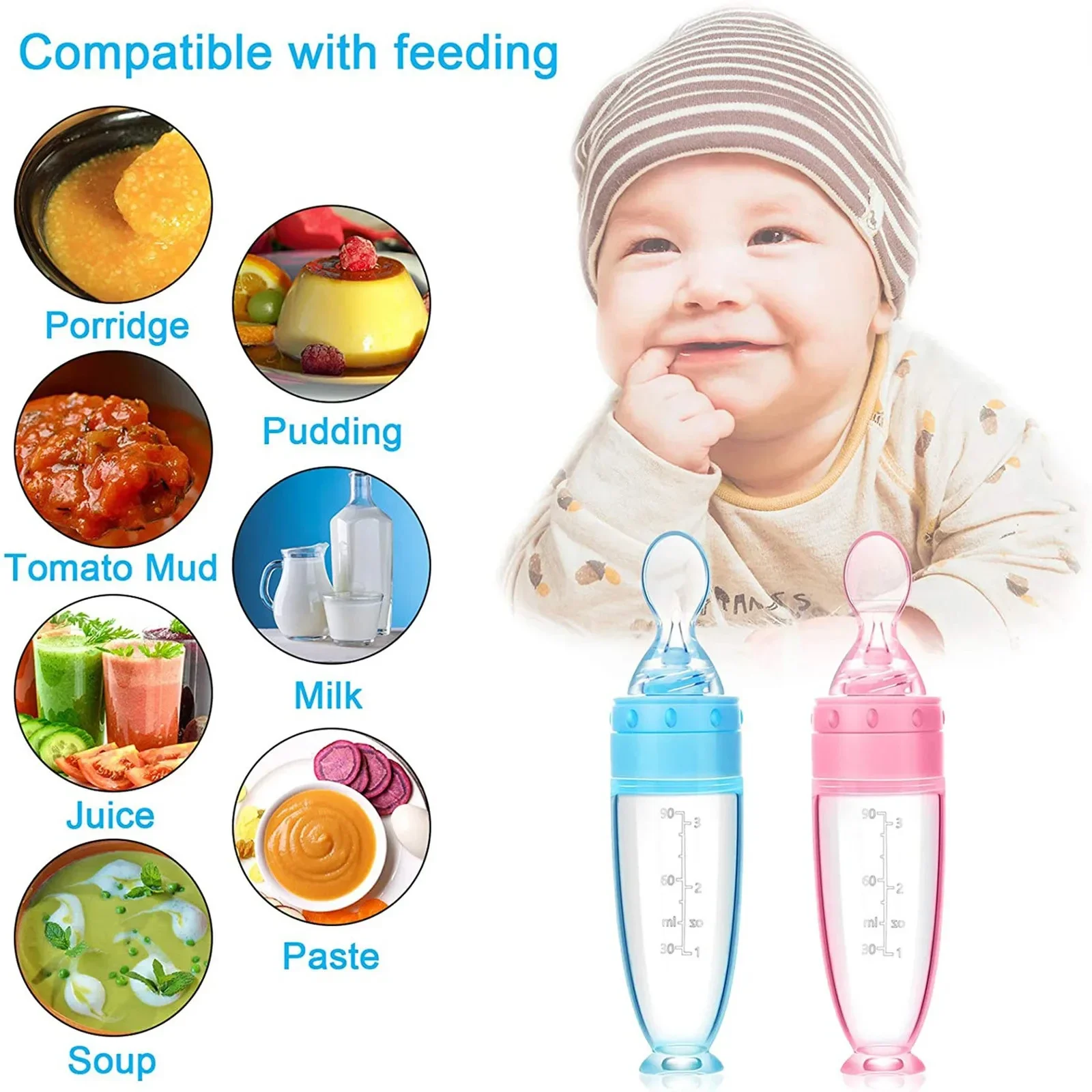 Depressible Silicone Bottle Feeding Safe Baby Feeding Toddler Squeeze Feeding Spoon Milk Bottle Training Feeder Food Supplement thumbnail 3