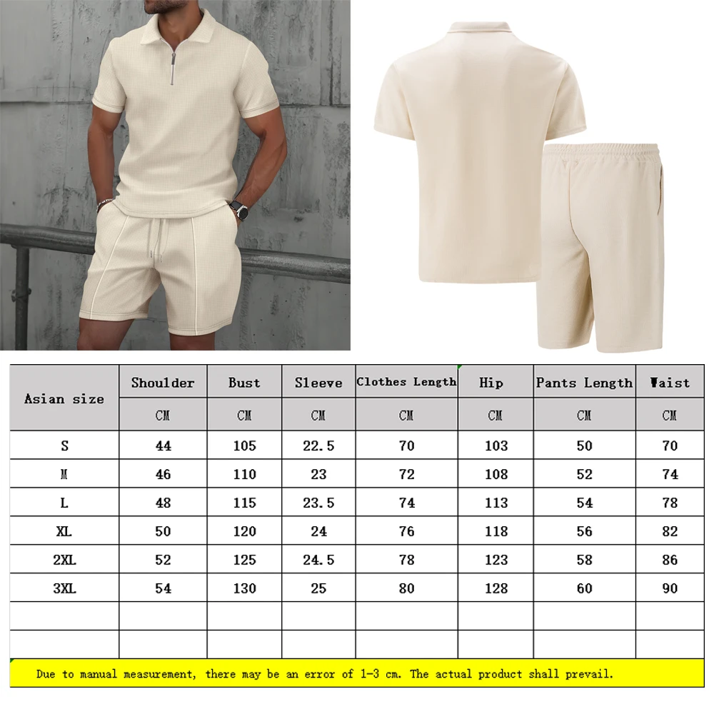 2025 Men Europe and the United States new summer Waffle solid color zip-up lapel short-sleeve suit shorts two sets thumbnail 6