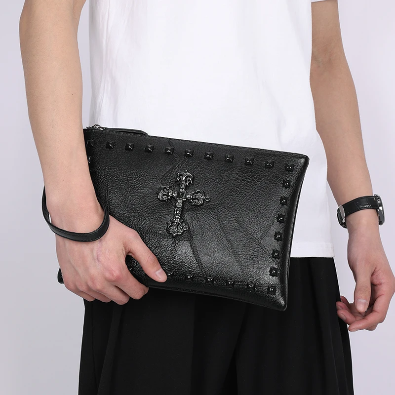Men's Envelope Handbag Wallet Personalized Punk Style Rivet Shoulder Messenger Bag Black Fashion Portable Lightweight Handbag thumbnail 3