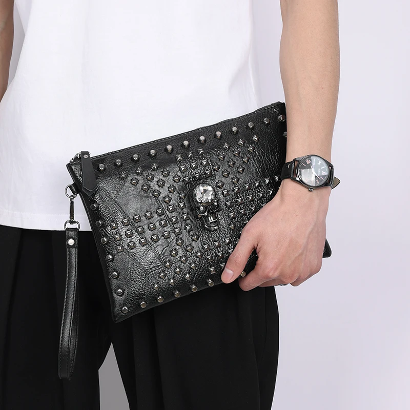 Men's Envelope Handbag Wallet Personalized Punk Style Rivet Shoulder Messenger Bag Black Fashion Portable Lightweight Handbag thumbnail 2
