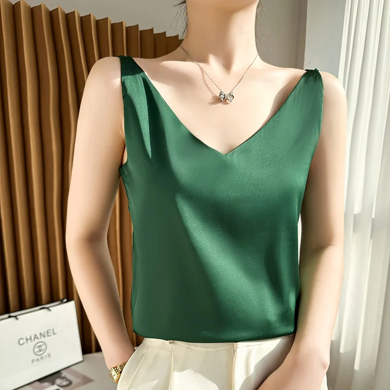 Silk Satin Women Double Shoulder Camisole Tank Top V-neck Sleeveless Top T-shirt Elegant Crop Top Solid Casual Basic 2025 Summer thumbnail 3