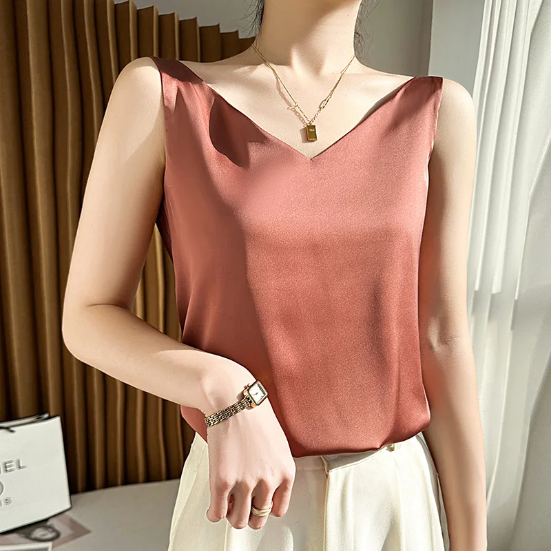 Silk Satin Women Double Shoulder Camisole Tank Top V-neck Sleeveless Top T-shirt Elegant Crop Top Solid Casual Basic 2025 Summer thumbnail 4